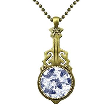 Imagem de DIYthinker Colar com padrão azul de onda de carpa japonesa, joia antiga com pingente de música