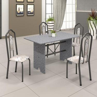 Imagem de Conjunto de Mesa 120x75cm Tampo Granito com 4 Cadeiras Bianca Soma Móveis Martelado Prata/Granito Ocre/Botanic Bege