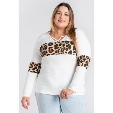 Imagem de Blusa Feminina Plus Size Manga Longa c/ Detalhe Decote X e Recorte Animal Print - Serena