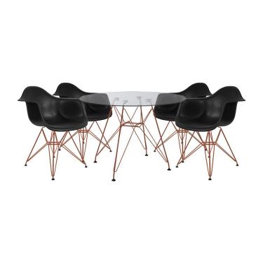 Imagem de Conjunto Jantar Mesa Redonda Vidro Eames Eiffel 90cm com 4 Poltronas Pretas Ferro Cobre