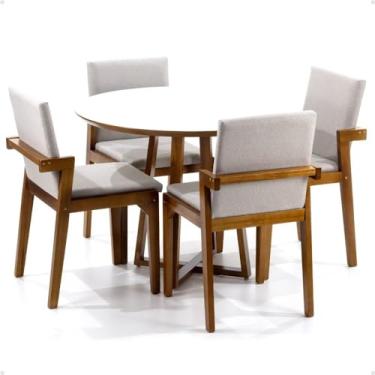 Imagem de Conjunto Mesa de Jantar Redonda Branca Lara Premium 100cm com 4 Cadeiras Estofadas Isabela - Bege