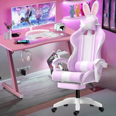 Imagem de Cadeira gamer fofa com orelhas de coelho, cadeira ergonômica de jogos para meninas com apoio de pés e apoio de cabeça (Roxo)