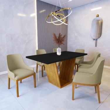 Imagem de Mesa De Jantar Safira 1,6m Preto Com 6 Cadeiras Elisa Veludo Bege Madeira Maciça Castanho