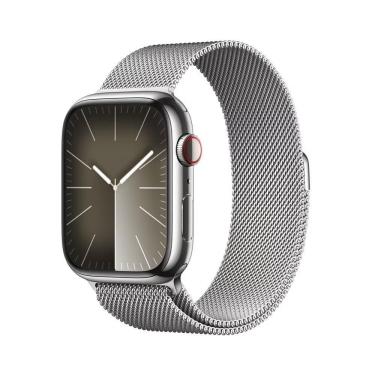 Imagem de Apple Watch Series 9 GPS + Cellular Caixa Prateada de Aço Inoxidável 45mm Pulseira Prateada Estilo Milânes