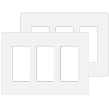 Imagem de Placa de parede decoradora sem parafuso de 3 entradas para tomada de interruptor placa frontal elétrica para interruptor de luz, interruptor inteligente, receptáculo, reguladores de luz, tomada USB, GFCI, placa de cobertura segura para crianças, branco (pacote com 2)