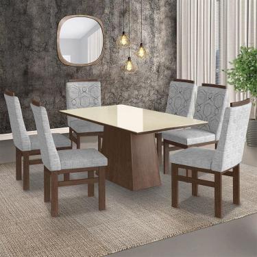 Imagem de Conjunto Mesa 160x82cm e 6 Cadeiras Madeira Maciça Móveis Zamarchi Marrom/Linho Cinza