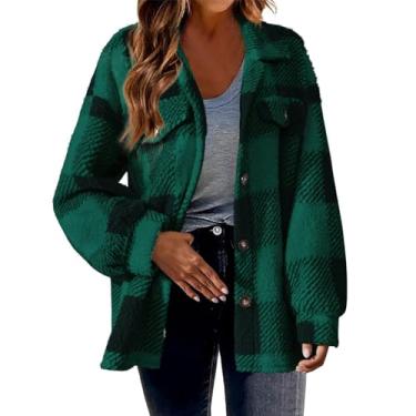 Imagem de Jaqueta xadrez feminina de lã felpuda com botões, lapela e manga comprida, jaqueta sherpa, casaco quente de inverno, Verde, GG