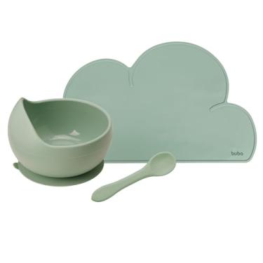 Imagem de Kit Alimentação Bebê Bubá: Pratinho com Ventosa, Bowl Silicone, Talheres Bambu, Babador Pega-Migalhas, Jogo Americano, Copo Térmico - Cores Azul, Verde, Rosa - Seguro, Livre de BPA, Lava-Louças (Jogo Americano, Bowl e Colher Bubá, Verde)
