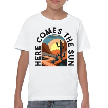 Imagem de Camiseta juvenil Here Comes The Sun retrô boho cacto canyon nascer do sol vintage viagem hippie verão anos sessenta sul crianças, Branco, GG