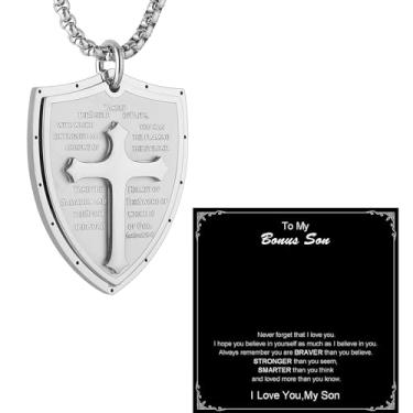 Imagem de HZMAN Shield Armor of God Efésios 6:16-17, Colar com pingente de aço inoxidável com cruz da fé, 24 inches, Aço inoxidável, Sem Pedra Preciosa