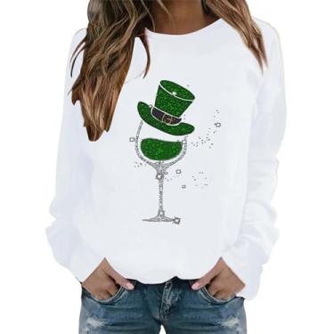 Imagem de Moletom feminino St Patricks Day manga longa verde Lucky Shamrock camisas modernas gola redonda básica, Branco, M