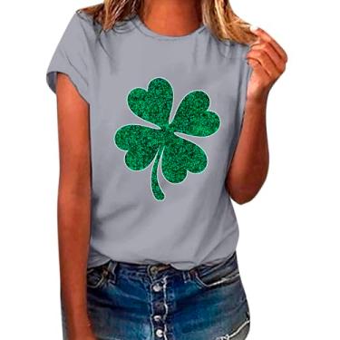 Imagem de Camisetas femininas do Dia de São Patrício Lucky Shamrock, túnica verde, manga curta, camiseta de verão, Cinza, G