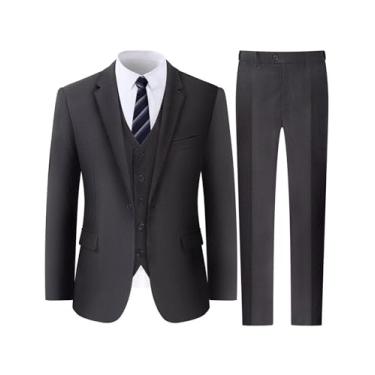 Imagem de Fashonal Conjunto masculino de 3 peças de ajuste clássico, conjunto de calça colete de jaqueta lisa com um botão e gravata, Cinza escuro, XX-Large