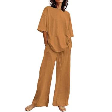 Imagem de Roupas femininas da moda de verão 2023 para mulheres, conjunto de 2 peças de linho roxo, blusas fofas, calças compridas, capri soltas, roupas casuais, Fa1-marrom, X-Large