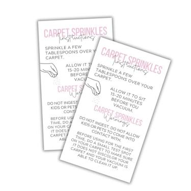 Imagem de Instruções e etiquetas de advertência para ambientadores de carpetes polvilhados, cartões rosa | Pacote com 50 frascos de 5 x 8,9 cm DIY Crafters para embalagem