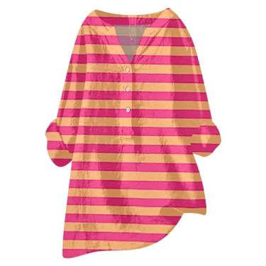 Imagem de Camiseta feminina de algodão e linho, gola V, botão, manga comprida, tamanho grande, casual, color block, Vermelho, XXG