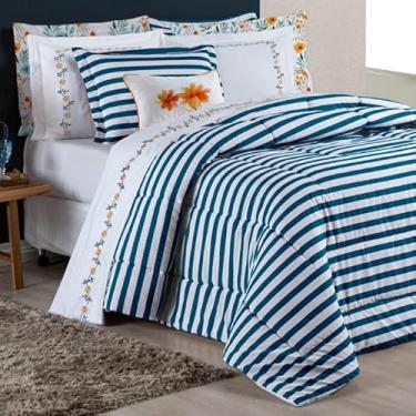 Imagem de Kit Edredom Listrado + Jogo de Lençol Casal Padrão Percal 180 Fios 11 Peças Izzy