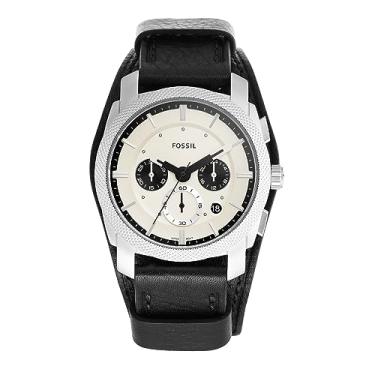 Imagem de Fossil Relógio masculino Machine com pulseira de aço inoxidável ou couro, cronógrafo ou mostrador analógico, Crono de punho prata/preto, One Size, Máquina