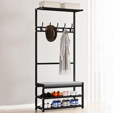 Imagem de Cabide de metal em pé com banco de sapatos Porta de entrada moderna Cabide independente Organizador de armazenamento de sapatos com 7 ganchos para entrada de corredor A, A, 60 CM
