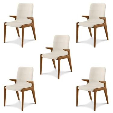 Imagem de Kit 5 Cadeiras Decorativas Sala de Jantar Madeira Maciça com Braço Pigeon Linho Bege/Mel G13 - Gran Belo