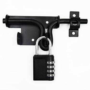 Imagem de LAJIAOZ Trava de portão deslizante resistente preta com orifício para cadeado – ferragens sólidas de metal espesso, travas de portão para porta de galpão, cercas de madeira, portas de celeiro, porta de quintal (com cadeado com senha)