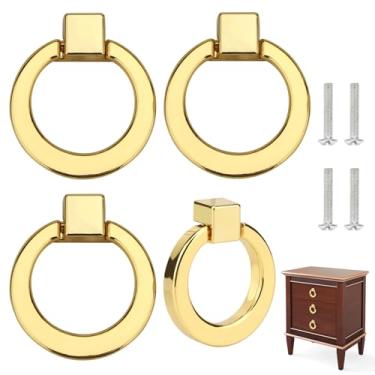 Imagem de Brosay Puxadores de gaveta de anéis redondos antigos puxadores de armário cômoda ouro escovado puxadores de armário para móveis ferragens maçaneta de porta de armário 4 peças (ouro)