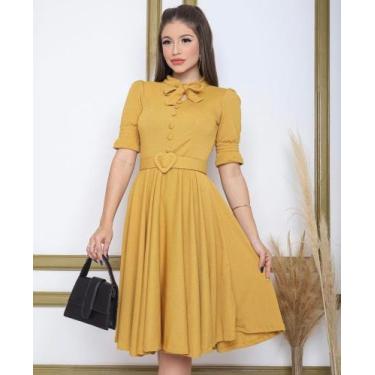 Imagem de vestido rodado na cor mostarda com cinto de coração, - .