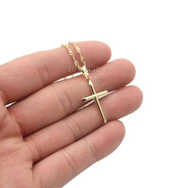 Imagem de colar corrente mini cruz crucifixo folheado a ouro dourado feminino ga