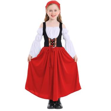 Imagem de Happy Cherry Vestido renascentista para crianças, meninas, vestido de princesa medieval, ombro de fora, manga de sino, vestido vitoriano 4-16 anos, Vermelho, 14-16 Years