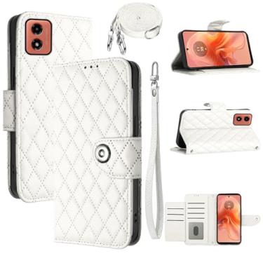 Imagem de Dswteny Capa carteira para Motorola Moto G24/Moto G04 com alça de ombro transversal, padrão Argyle PU couro flip suporte de crédito capa de celular para Moto G24/Moto G04 meninas mulheres branca