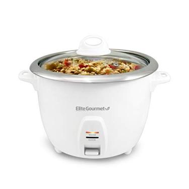 Imagem de Elite Gourmet Fogão de arroz elétrico ERC-2010 com panela interna de aço inoxidável faz sopas, ensopados, grãos, cereais, característica de manter o aquecimento, 10 xícaras cozidas (5 xícaras não cozidas), branco