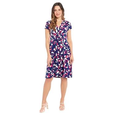 Imagem de London Times Vestidos femininos chiques de verão com decote em V e manga curta, Azul-marinho/Fúcsia, M