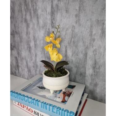 Imagem de Arranjo De Mini Orquídea Amarela Vaso Bege Claro Redondo - FLORESCER D
