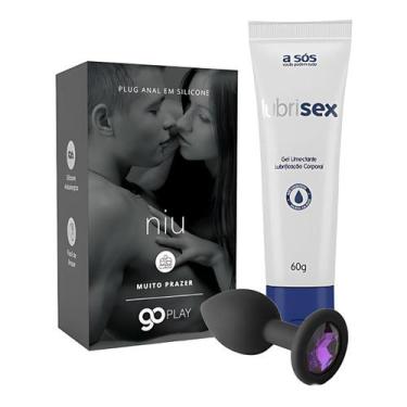 Imagem de Kit Anal Plug Silicone e Joia Preto Niu e Gel Lubrificante Lubrisex - 