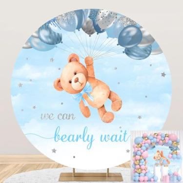 Imagem de We Can Bearly Wait to Meet You Gender Revelar Pano de Fundo Redondo Bonito Urso de Pelúcia Capa de Fundo Redondo com Balões para Chá de Bebê Recém-nascido, Decorações de Festa de Aniversário, Adereços