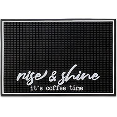 Imagem de New Mungo Tapete de barra de café – Tapete de borracha à prova de derramamento "Rise & Shine It's Coffee Time" – Protetor de bancada antiderrapante de 45,7 x 30,5 cm para estações de café