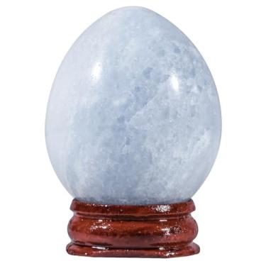 Imagem de Rockcloud Natural Blue Celestite Crystal Egg Sphere with Wood Stand, Polished Stone Egg Figurine Ornament Decoration for Meditation, 46-50mm
