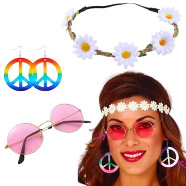 Imagem de Kit Fantasia Hippie Anos 70, Óculos, Brincos, Coroa de Flores Acessorios De Fantasia Carnaval