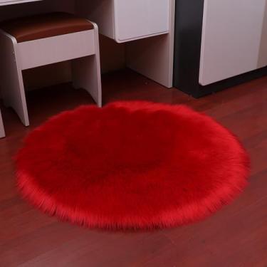 Imagem de Tapetes de pele redondos para quarto, sala de estar, piso de pelúcia felpuda, macio, pele de carneiro sintética, tapete branco para casa, tapete de área, tapetes de cabeceira, vermelho, diâmetro 150