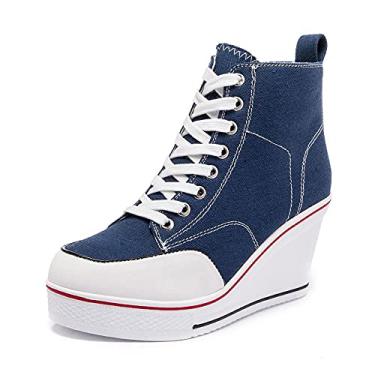 Imagem de Tênis feminino de salto anabela com salto alto, plataforma, cano alto, cano alto, botas de lona, sapatos casuais, Azul, 9.5