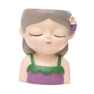 Imagem de IEUDNS Cartoon Girl Planter Vaso de mesa Vaso de plantas decorativo Pequeno vaso de flores de resina para prateleira Quarto Entrada Interior/Exterior, Cinza Violeta