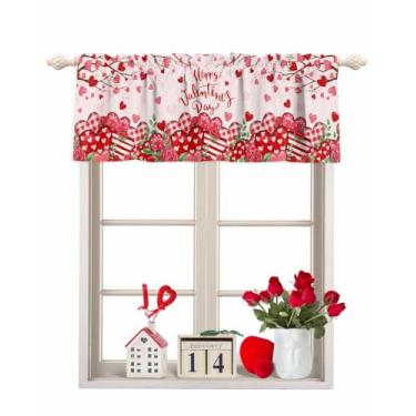 Imagem de Cortina Valentim para Janelas Coração Vermelho Folhas de Eucalipto Varão Bolso Sanefa para Janelas Cortinas Curtas Rosa para Cozinha Janelas Sala de Estar Quarto Decoração 137 x 45 cm