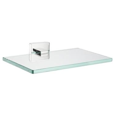 Imagem de JQK Prateleira de vidro para banheiro cromada, armazenamento de chuveiro de vidro temperado 20,3 x 12,7 cm, suporte de parede cromado polido de aço inoxidável 304, TGS201L8-CH