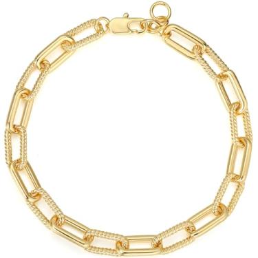 Imagem de BENEIGE Pulseira feminina banhada a ouro 14K clipe de papel satélite bola oval Cuba cabo caixa corrente corrente pingente diário elos em camadas pulseiras prata joias ajustáveis para meninas, 8.5