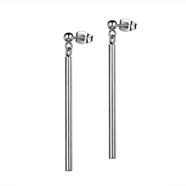 Imagem de Colar de barra, brincos femininos e masculinos, de aço inoxidável 316L, longo, liso, vertical, brincos com pingente de barra 18 quilates, banhado a ouro 18 quilates, joias delicadas, Metal, Zircônia