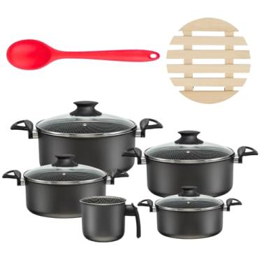 Imagem de Jogo de Panelas 05 Peças Antiaderentes C/Tampas de Vidro + 05 Descansos Redondos + Colher de Silicone Vermelha