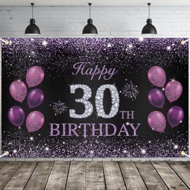 Imagem de JOYKY Banner de feliz aniversário de 30 anos, roxo, decorações de festa de feliz aniversário de 30 anos, decoração de pano de fundo, 15 x 9 metros