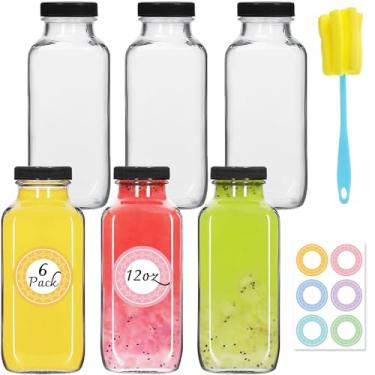 Imagem de NEWMIAO Pacote com 6 garrafas de água de vidro de 350 ml, garrafas de vidro vazias de 350 ml com tampas pretas, pincel e etiquetas, garrafas de suco reutilizáveis transparentes para sucos, vitaminas