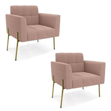 Imagem de Poltrona Estar Pé Ferro Dourado Kit 2 Elisa Bouclê Rosê D03 - D'rossi
