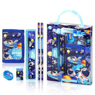 Imagem de GLADFRESIT Conjunto de papelaria! Inclui bolsa, 2 lápis, régua de 15 cm, borracha e apontador para meninos e meninas (azul)